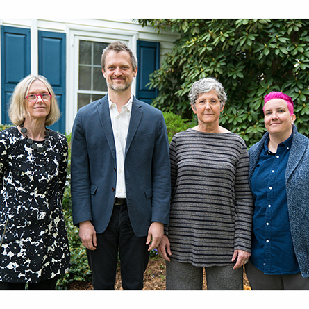 A group shot of the faculty award winners, professors Devlin, Myers, Wilson and Rotramel