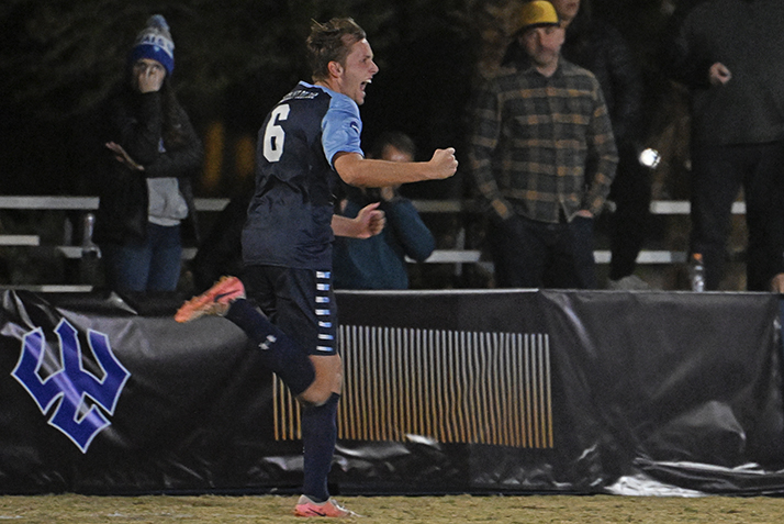 Defender Alessandro Hovarth Diano ’25 celebrates after scoring the lone goal in the semifinal matchup.